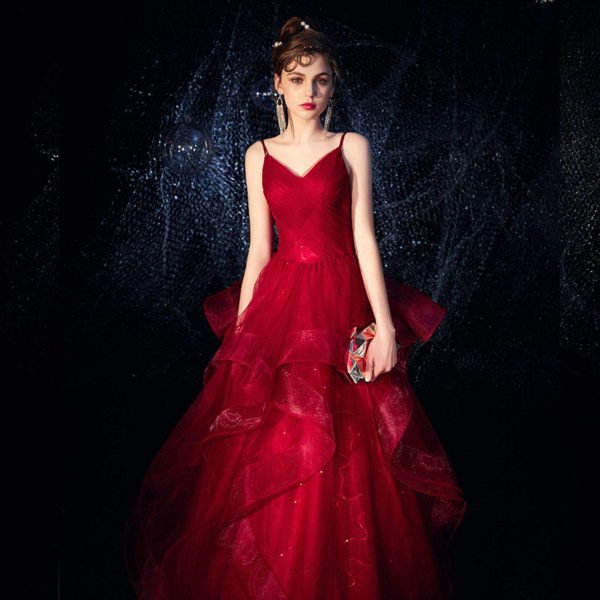 Red Princess Prom Dress Strap V Neck Long Party Dress - Image 4