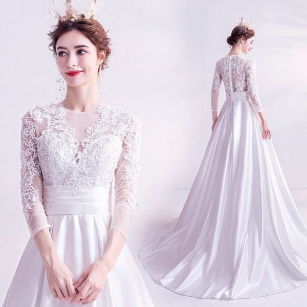 White Satin Wedding Dress A Line Long Sleeve Lace Bridal Dress - Image 9