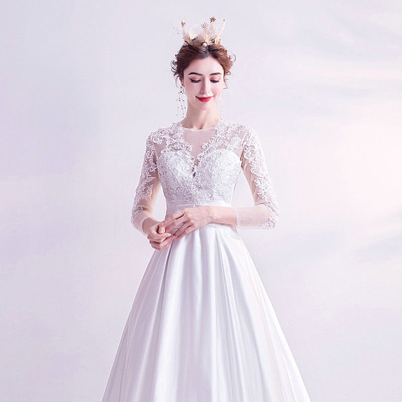 White Satin Wedding Dress A Line Long Sleeve Lace Bridal Dress