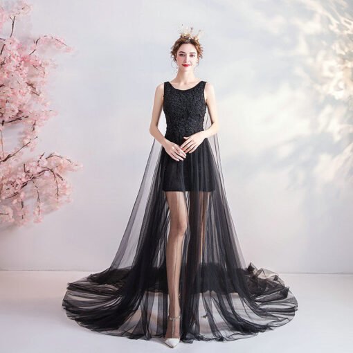 black prom dress with cape 1080-002