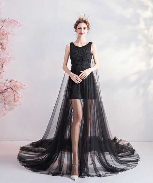 black prom dress with cape 1080-002