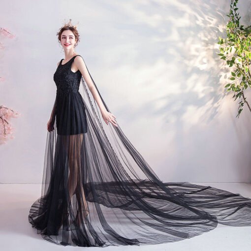 black prom dress with cape 1080-003