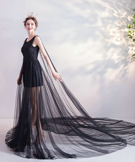 black prom dress with cape 1080-003