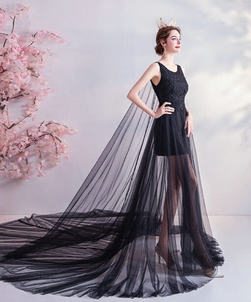black prom dress with cape 1080-004