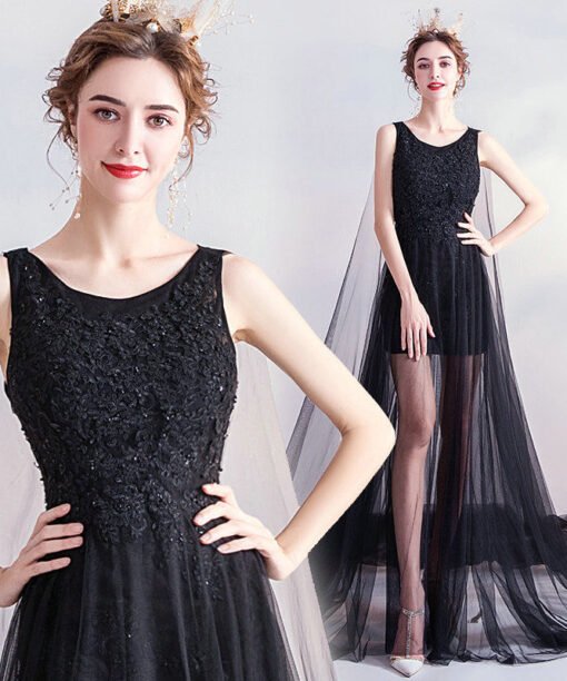 black prom dress with cape 1080-005