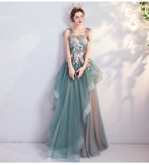 Blue Green Prom Dress Strap A Line Long Evening Dress - Image 4