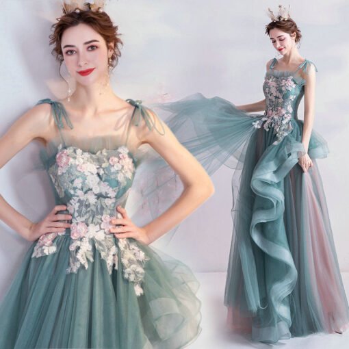 Blue Green Prom Dress Strap A Line Long Evening Dress - Image 7