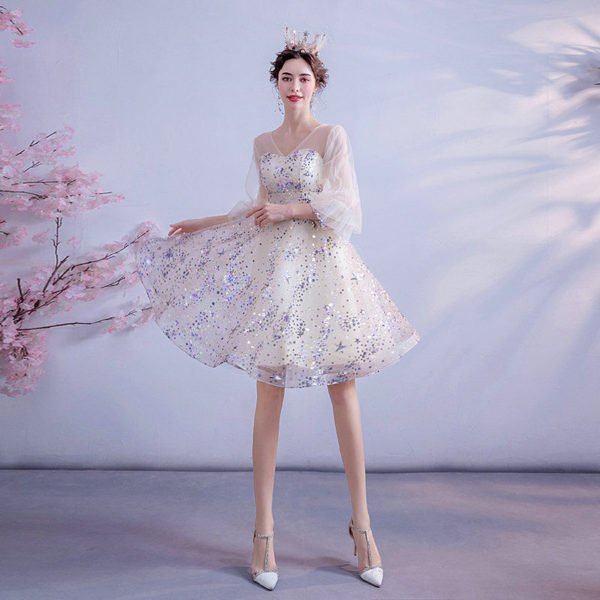 Champagne Cocktail Dress Short Knee Length Bling Prom Dress - Image 7