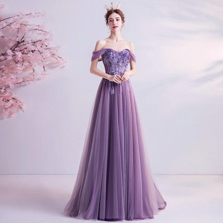 Corset Prom Dress Off The Shoulder A Line Purple Evening Dress