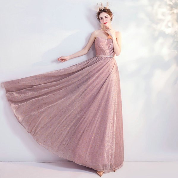 Corset Prom Dress Strapless A Line Pink Long Bridesmaid Dress
