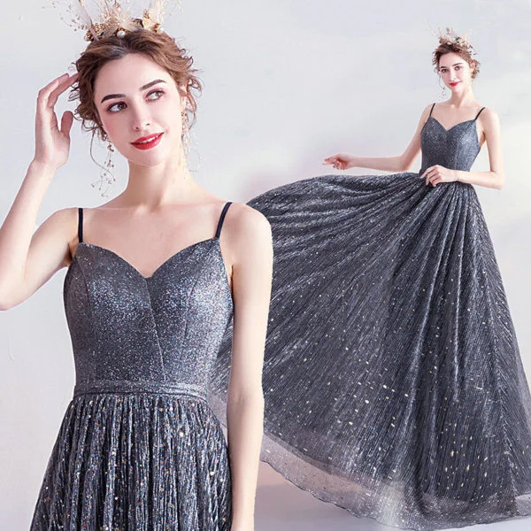 Dark Blue Prom Dress Spaghetti Strap A Line Long Evening Dress - Image 5