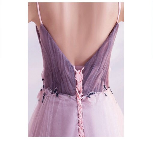 Low Back Prom Dress Purple V Neck A Line Long Evening Dress - Image 6