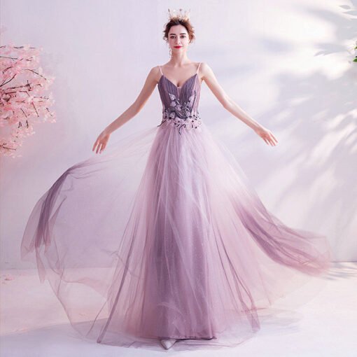 Low Back Prom Dress Purple V Neck A Line Long Evening Dress - Image 3