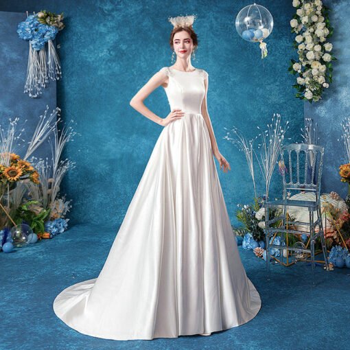 Modest Wedding Dress Satin A Line White Bridal Gown - Image 4