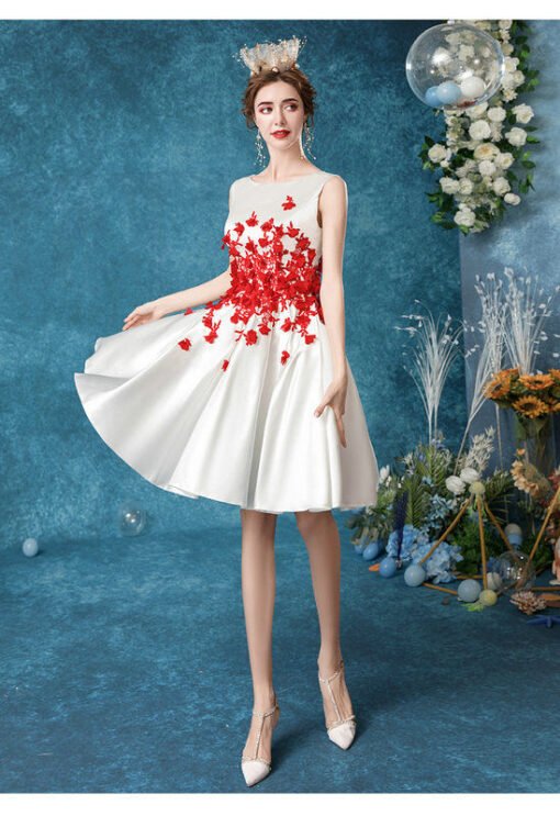 Red And White Cocktail Dress Short Prom Dress With Flowers - Image 4