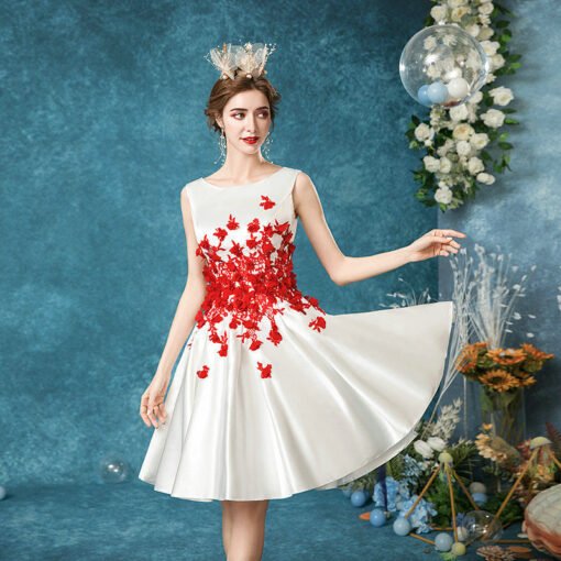 Red And White Cocktail Dress Short Prom Dress With Flowers - Image 6