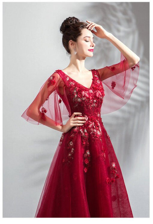 Red Long Formal Dress V Neck A Line Long Prom Evening Dress - Image 5