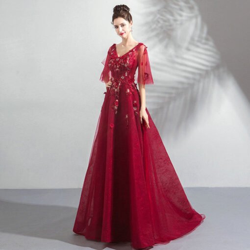 Red Long Formal Dress V Neck A Line Long Prom Evening Dress - Image 3