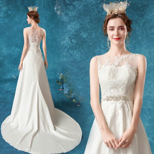 Satin A Line Wedding Dress White Sleeveless Formal Dress - Image 4