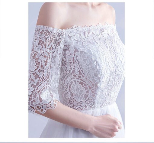 Simple A Line Wedding Dress Off The Shoulder Middle Sleeves - Image 6
