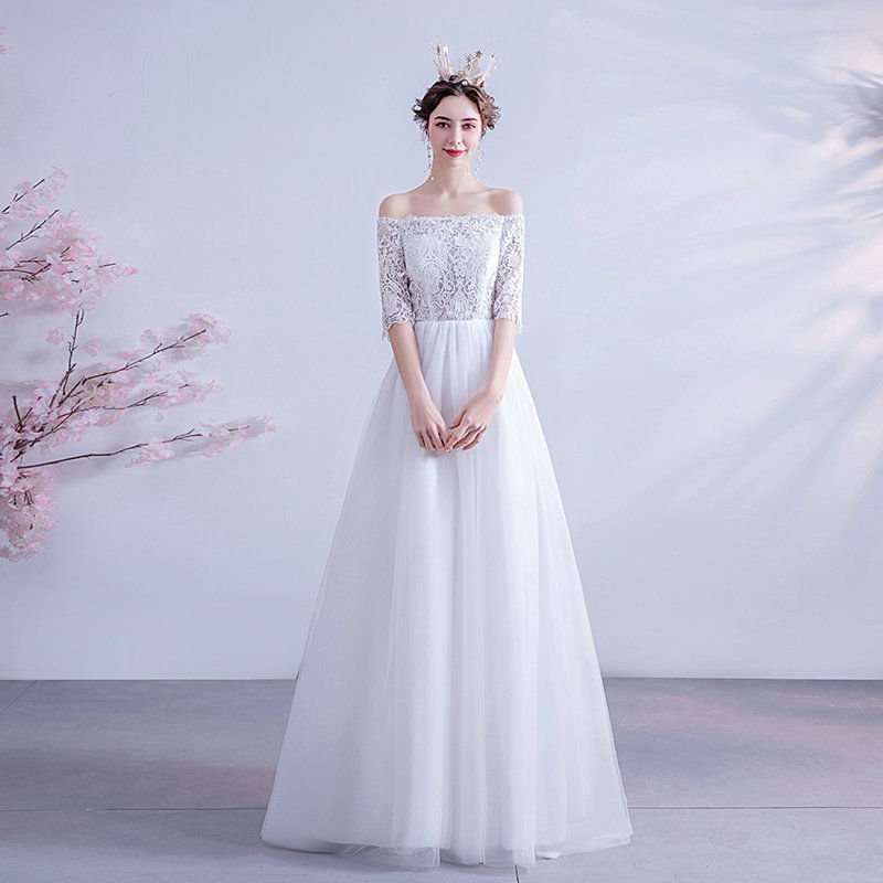 Simple A Line Wedding Dress Off The Shoulder Middle Sleeves