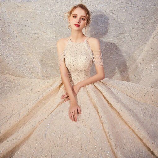 Sparkly Wedding Dress Halter Ball Gown Champagne Bridal Dress - Image 5