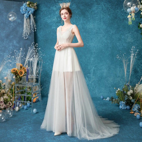 Translucent Wedding Dress V Neck A Line White Prom Dress - Image 3