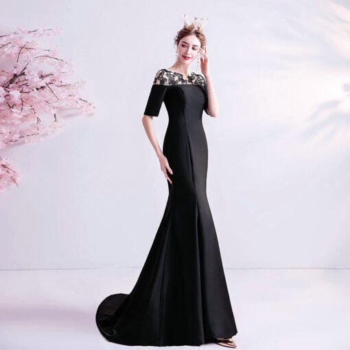 Black Mermaid Prom Dress Short Sleeve Evening Dress With Train - Image 5