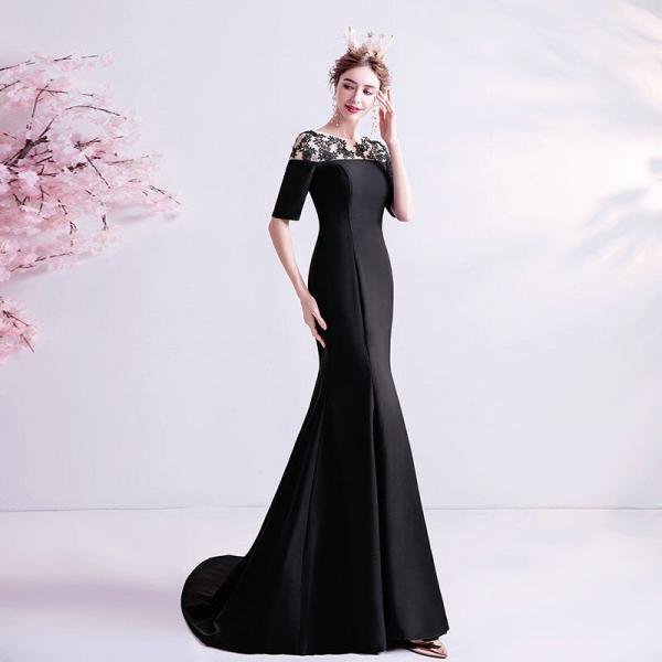 Black Mermaid Prom Dress Short Sleeve Evening Dress With Train - Image 5