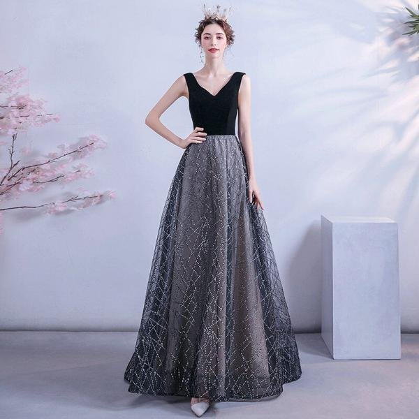 Black V Neck Formal Dress A Line Long Sleeveless Prom Dress - Image 4
