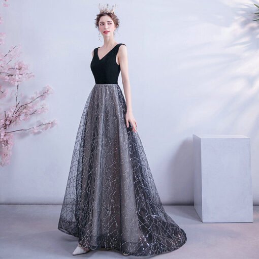 black v neck formal dress 1122-002