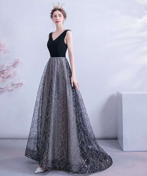 black v neck formal dress 1122-002