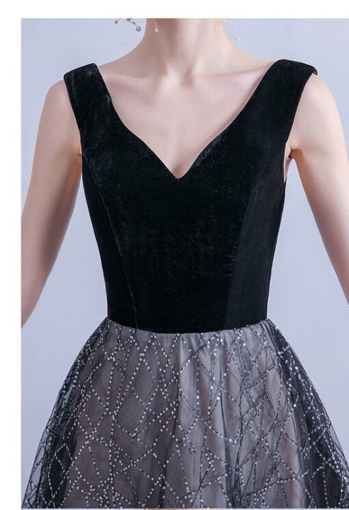 Black V Neck Formal Dress A Line Long Sleeveless Prom Dress - Image 6