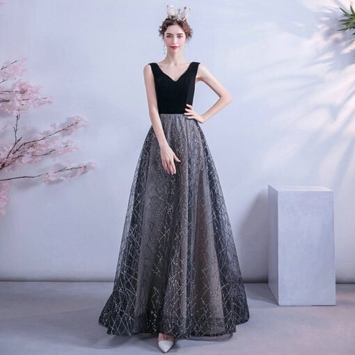 black v neck formal dress 1122-006