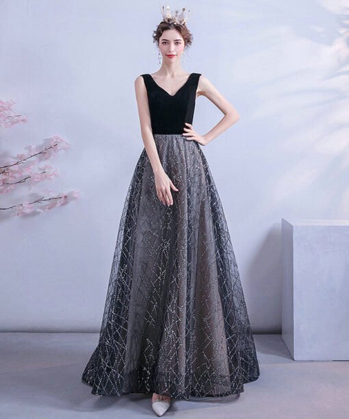 black v neck formal dress 1122-006