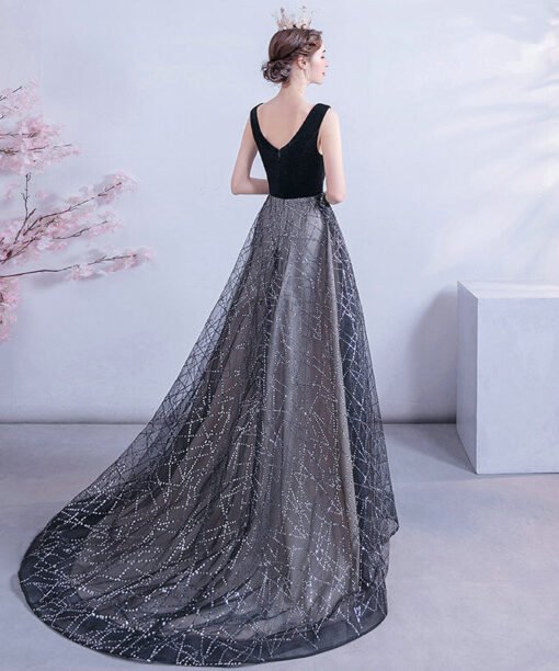 black v neck formal dress 1122-008