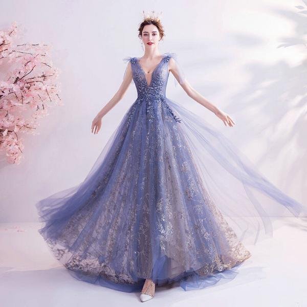 Blue Formal Dress V Neck A Line Lace Prom Dress 2020 - Image 5