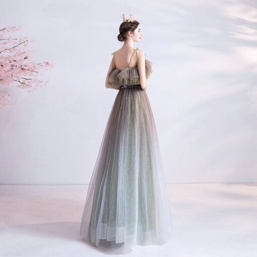 Blue Grey Prom Dress Spaghetti Strap A Line Long Evening Dress - Image 2
