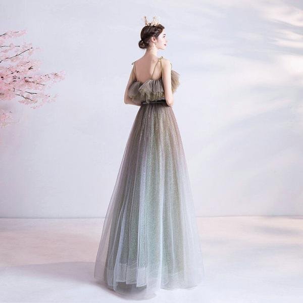 Blue Grey Prom Dress Spaghetti Strap A Line Long Evening Dress - Image 2