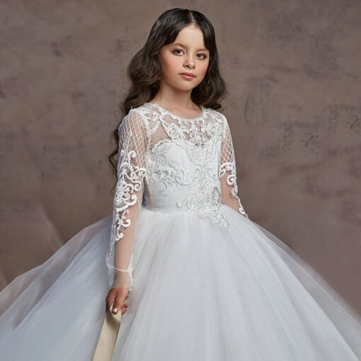 Flower Girl Dress Lace White Long Sleeve Ball Gown Formal Dress - Image 3