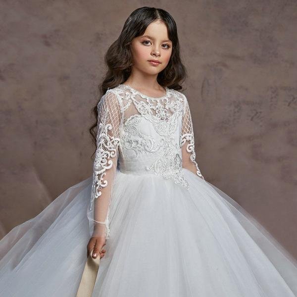 Flower Girl Dress Lace White Long Sleeve Ball Gown Formal Dress - Image 3