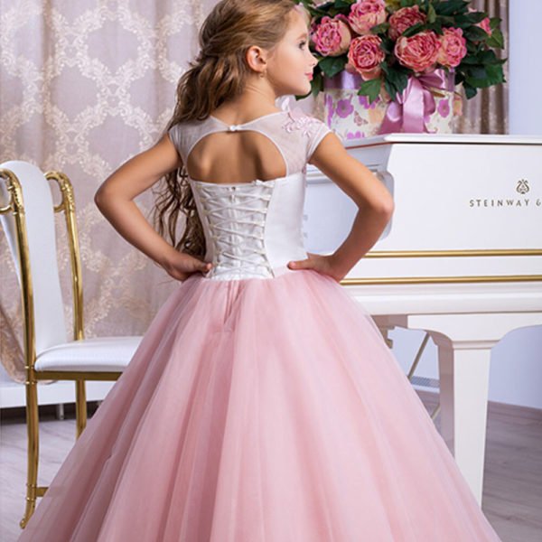 Flower Girl Dress Pink And White Cap Sleeve Kids Birthday Dress - Image 2