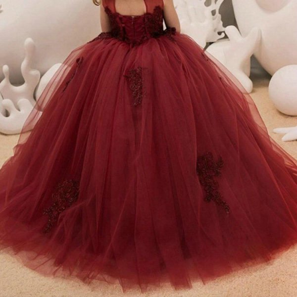 Flower Girl Dress Red Sleeveless Ball Gown Lace Kids Party Dress - Image 4