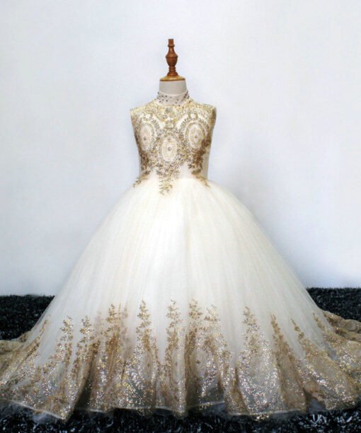 gold and white flower girl dresses 1106-003