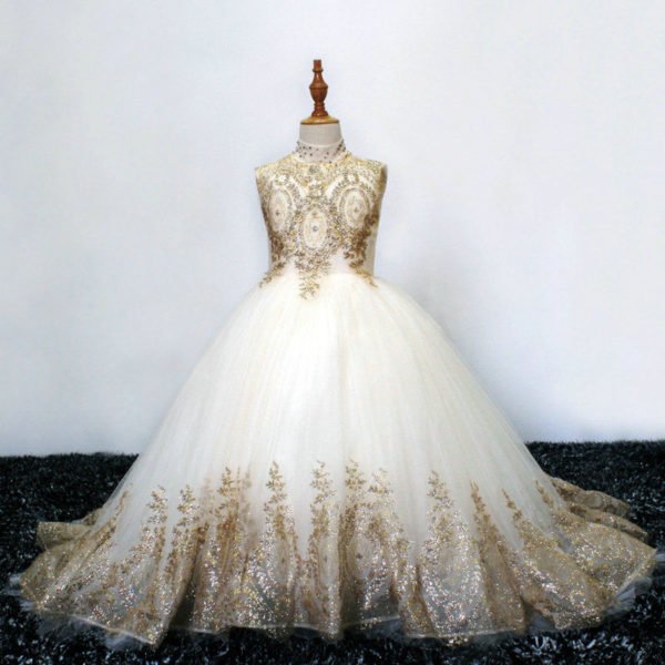 gold and white flower girl dresses 1106-003