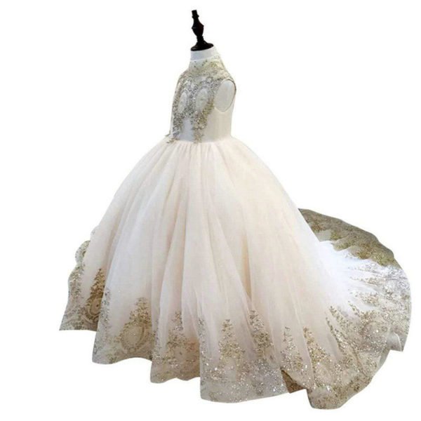 Gold And White Flower Girl Dresses High Neck Ball Gown - Image 4