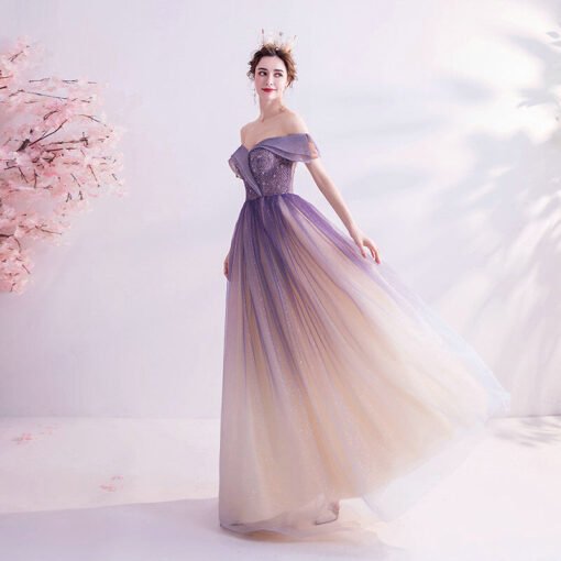 Off Shoulder Formal Dress Purple A Line Long Prom Dress - Image 4