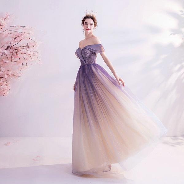Off Shoulder Formal Dress Purple A Line Long Prom Dress - Image 4