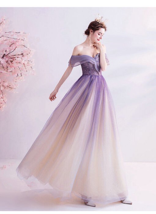 Off Shoulder Formal Dress Purple A Line Long Prom Dress - Image 8