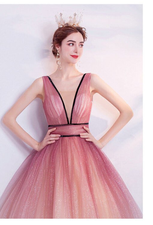 Pink V Neck Prom Ball Gown Princess Long Formal Quinceanera Dress - Image 3